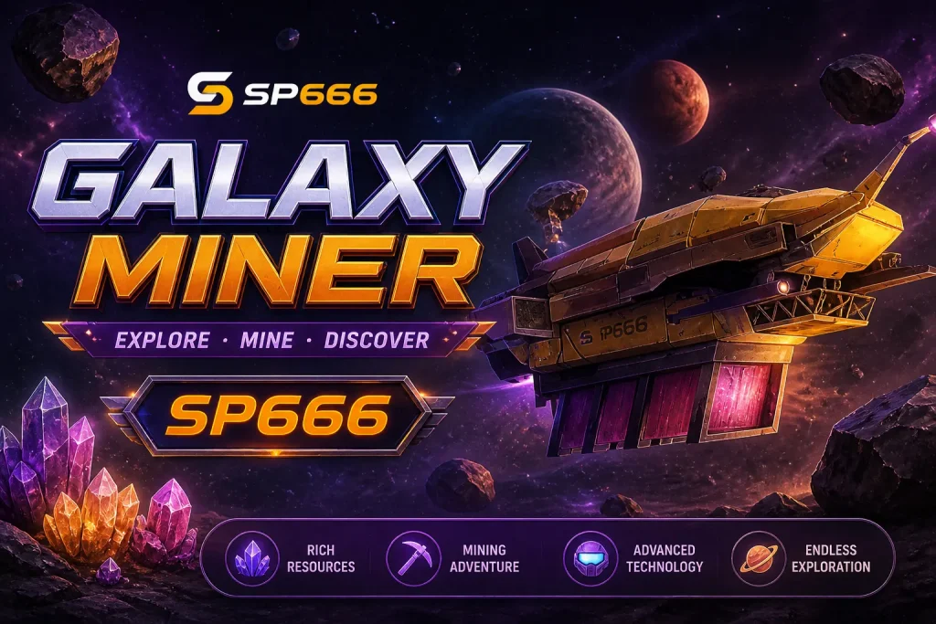 Tampilan GALAXY MINER di SP666 dengan latar galaksi gelap, cahaya bintang, dan nuansa ruang yang tenang